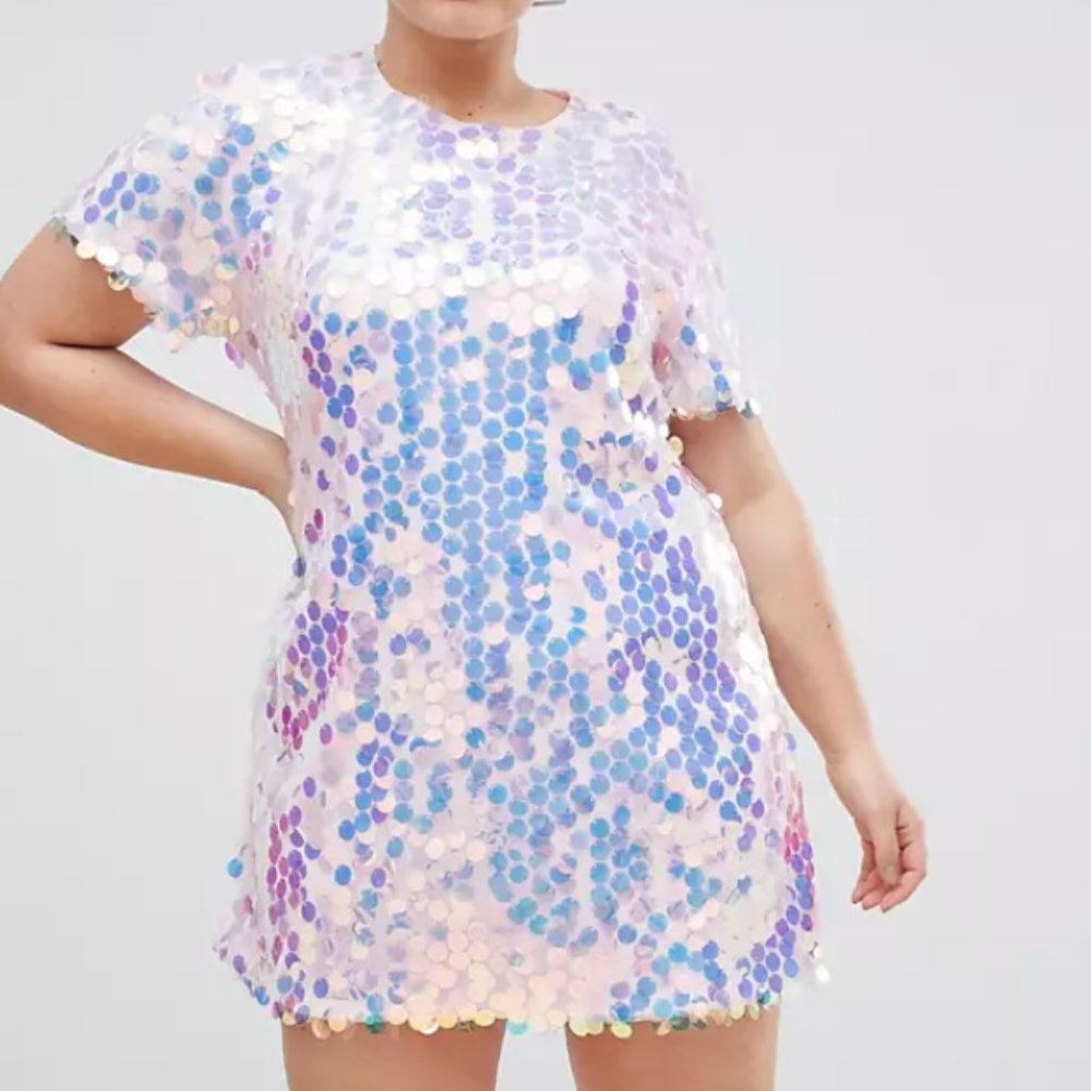 Missguided Sz. 16 Pink T-Shirt Dress w/Iridescent Large Disk Sequin Detail
